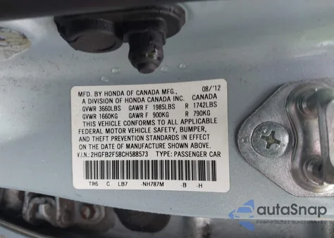 2012 Honda Civic Lx from USA, damaged, VIN 2HGFB2F58CH588573